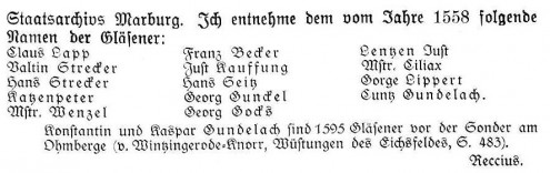 Reccius - Angaben zu Namen von Glasmachern aus dem Staatsarchiv Marburg